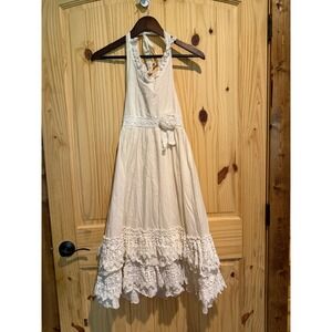 Mustard Pie Girls Cream Cotton Halter Dress Crochet Lace Ruffle Boho Size 6